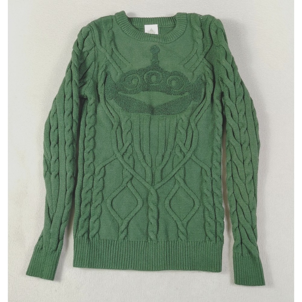Disney Sweater Womens XS Green Cable Knit Toy Story Alien Pullover Knit Crewneck